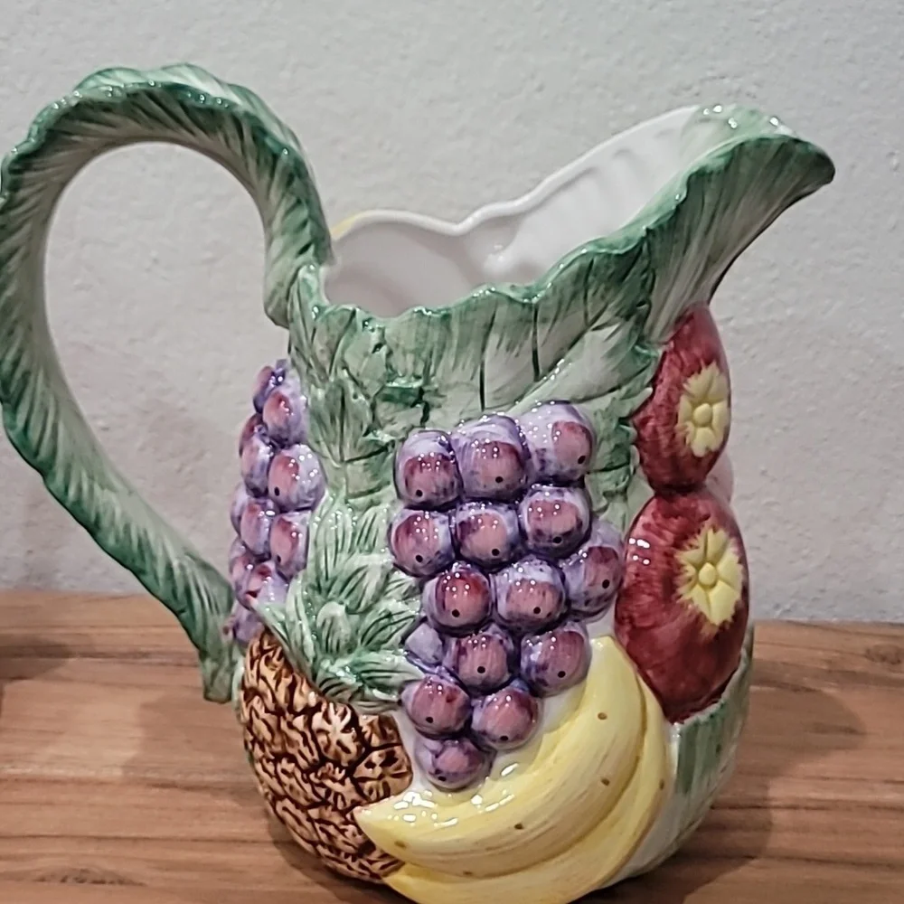 Fitz and Floyd Ceramic Pitcher with Yellow and Purple Fruit Design - Picture 3 of 5